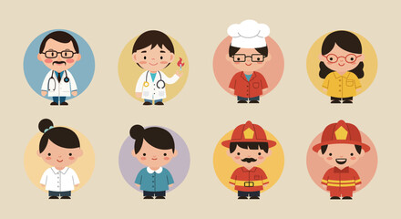 Cute cartoon icons of diverse professions for educational or children's content.