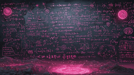 Neon chalkboard with scientific formulas and cosmic illustrations