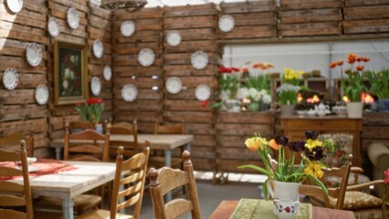 Rustic restaurant interior with defocused vintage decor featuring wooden walls, floral arrangements, and cozy seating in a relaxed, artistic atmosphere.