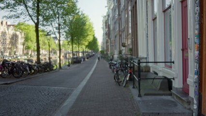 Obraz premium Blurred view of a european city street lined with bicycles and trees, showcasing a bokeh effect and highlighting urban architecture with a distant horizon.