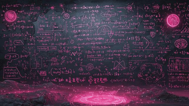 Neon chalkboard with scientific formulas and cosmic illustrations   - Powered by Adobe
