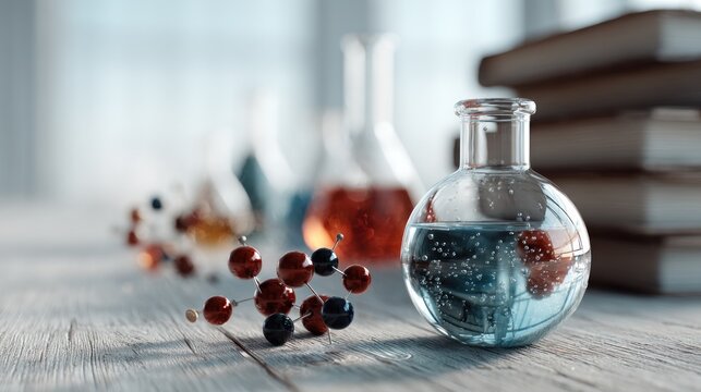Scientific exploration: Conceptual laboratory scene with flasks and molecular model
