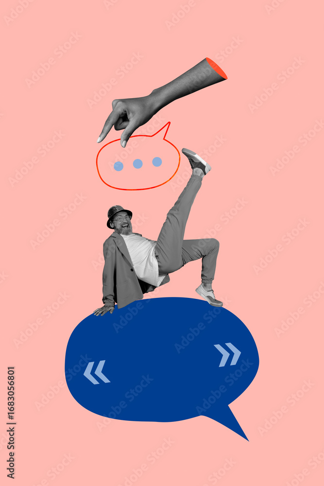Poster sketch image artwork composite 3d photo collage of middle age man dance speech cloud had hold messag