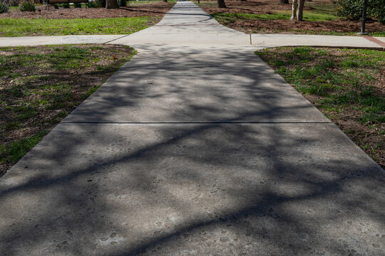 Sidewalks converge in light and shadow, choices metaphor, road less traveled, straight and narrow, horizontal aspect