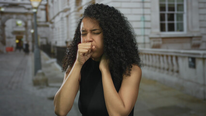 Woman coughing outdoors on an urban street, showing concern for health while casually dressed in a...