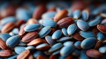 Blue and brown seeds spread across a textured surface in close-up detail