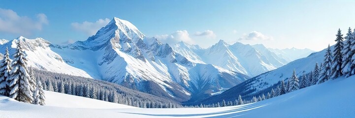Majestic snow-covered mountain peaks rise above a pristine, untouched winter landscape Serene, breathtaking view of a snowscape, perfect for winter wonderland themes , ice, snowy, nature
