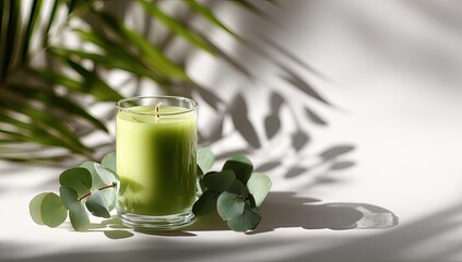 Light green candle in glass jar,  shadowy palm leaves