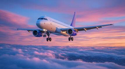 Plane flying toward horizon at sunset, glowing fuselage reflecting golden light, clouds tinted pink, passengers ready for summer vacation escape