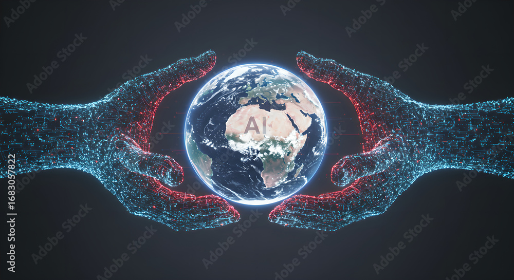 Aufkleber digital hands cradling planet earth with 'ai' text on it. concept of artificial intelligence impact 