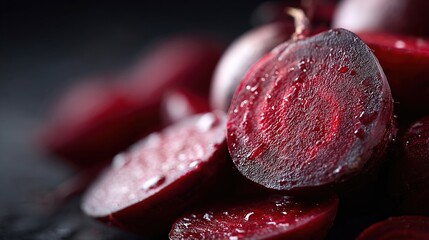 Freshly sliced beets glistening in natural light on a dark background showcasing vibrant colors