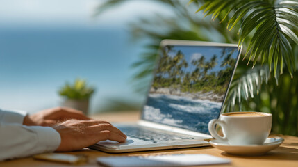 Creative workspace shot, person planning vacation on laptop showing palm-lined beaches, desk with green plant, coffee, and scattered stationery, sunlight reflecting off surface