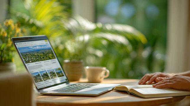 Side view of laptop open to tropical travel booking site, personâs hands hovering over keyboard, wooden desk with coffee, notebook, and leafy plant creating relaxed workspace