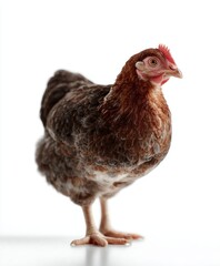 Brown hen standing against a plain white background showcasing its feathers and features