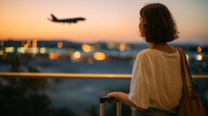Backlit girl holding carry-on suitcase, observing airplane landing at sunset, airport lounge bathed in golden hour light, relaxed vacation anticipation