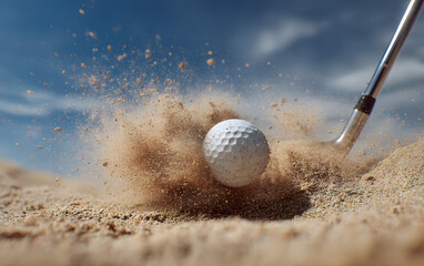 Dramatic golf shot launching sand with intense impact and athletic power on a sunny day, perfect for sports marketing and action imagery