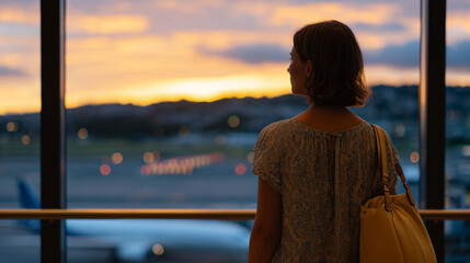 Fototapeta premium Modern airport lounge interior with floor-to-ceiling windows, female traveler with carry-on suitcase staring at airplane in distance, warm sunset illuminating runway