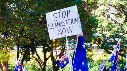 Anti-immigration protest sign.Sydney Anti-immigration protest.Demonstrators gather in Australia to...