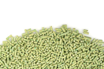 green tea animal litter isolated white background. tofu animal filler. close up. top view