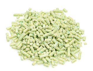 green tea animal litter isolated white background. tofu animal filler. close up. top view