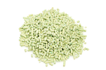 green tea animal litter isolated white background. tofu animal filler. close up. top view