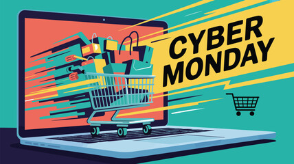 Laptop screen showcasing cyber monday sale with shopping cart and bags coming out of the screen
