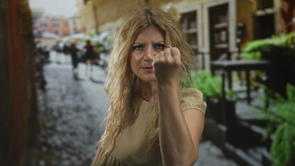 Woman with clenched fist pointing toward camera on cobblestone street, arm bare and aggressive...
