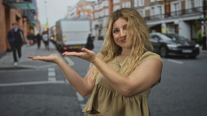 Woman blonde palms up shrug on busy city street showing open hands and casual smile while facing...