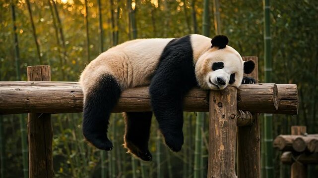 A giant panda lazily rests on a wooden structure in a bamboo forest looking serene and relaxed