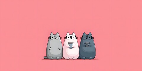 Playful Trio of Glasses-Wearing Feline Friends: Cute Animated Cats with Pink Hue and Whimsical Style in Adorable Cartoon Art Design for Cat Lovers