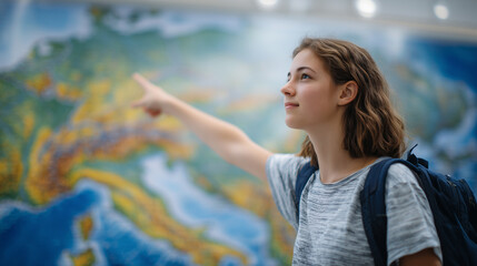 Young woman with backpack standing in front of large world map, pointing at multiple countries, vibrant classroom or study space in background, representing global education opport