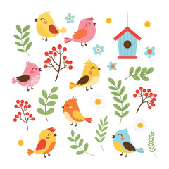 A charming collection of cute cartoon birds a birdhouse leaves and berries for spring.
