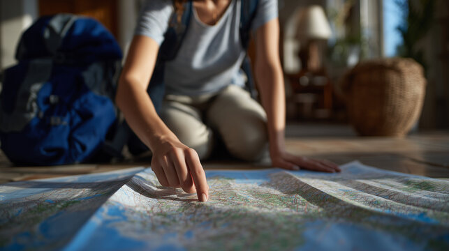 Female student pointing at world map while backpack rests on floor, sunlit room with cultural artifacts, visualizing opportunities for study abroad and international internships