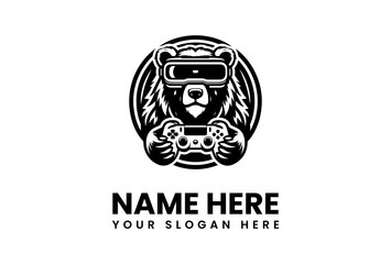 Stylized Bear Gamer Logo with VR Headset and Controller in Black and White.