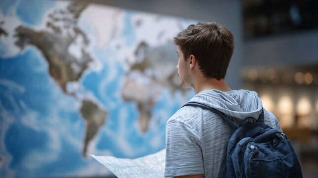 Casual student with backpack examining a detailed world map, map highlighted with countries offering study programs, international mobility and adventure concept