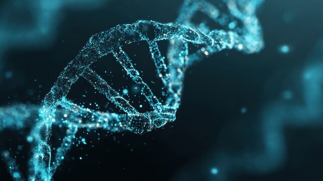 This artwork features a vibrant DNA helix on a dark background, highlighting its intricate molecular design and a technological vibe.