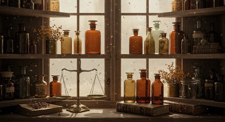 Vintage apothecary shelf with amber glass bottles dried herbs brass scale leather books