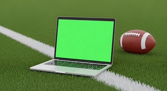 Laptop and Football on Green Field Sideline - Powered by Adobe