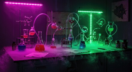 Spooky laboratory experiment bench with bubbling beakers colorful liquids glass tubing