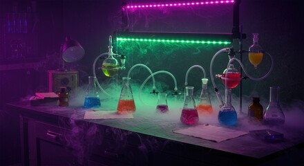 Spooky laboratory experiment bench with bubbling beakers colorful liquids glass tubing