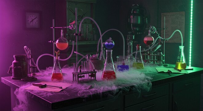 Spooky laboratory experiment bench with bubbling beakers colorful liquids glass tubing - Powered by Adobe