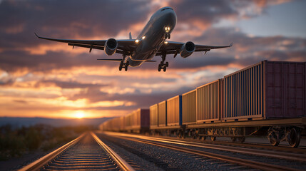 Wide cinematic shot of airplane landing above cargo train, sun setting in background, glowing rails and warm sky enhancing sense of global transport and logistics