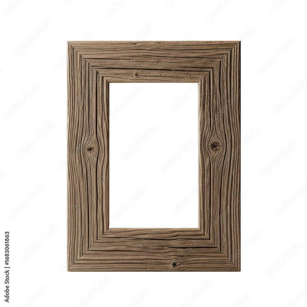 Poster empty rectangular picture frame, weathered dark brown wood with visible grain, matte finish, centere