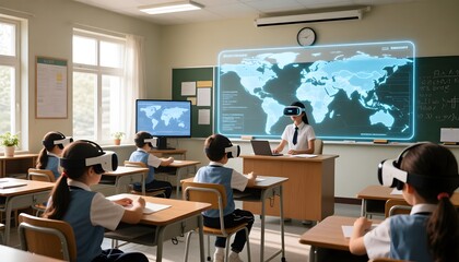 Students and teacher experience an immersive virtual reality lesson, exploring a global map and interactive content within a modern, technology-enhanced classroom setting