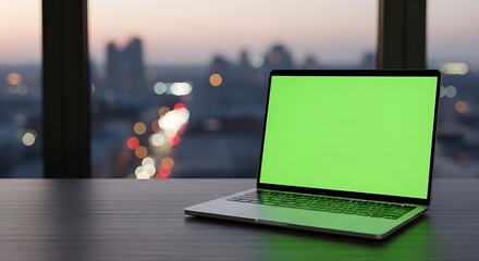 Fototapeta premium Laptop with Green Screen Display on Desk Overlooking Blurred City Lights at Dusk