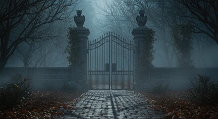 Gothic garden wrought iron gate with dead vines stone gargoyles autumn mist moonlight