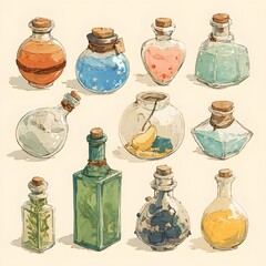 Whimsical Colorful Glass Bottles Containing Mystical Liquid Potions: A Vintage Fantasy Illustration Inspired by Nature with Herbs, Amber, and Mint Elixirs in Soft-Palette Artistic Design
