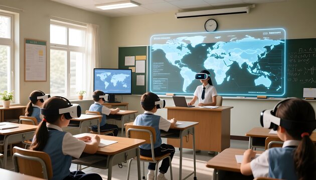 Students and teacher experience an immersive virtual reality lesson, exploring a global map and interactive content within a modern, technology-enhanced classroom setting