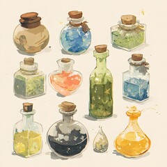 Whimsical Elixirs and Vibrant Colored Liquids: An Artistic Potion Collection in Glass Jars Featuring Vintage Apothecary and Alchemy-Inspired Artwork