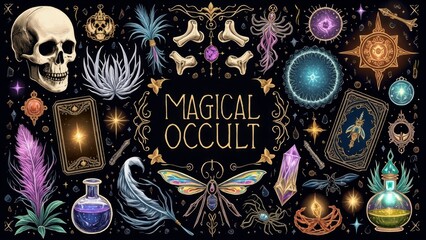 Magical occult items creating mystical atmosphere with tarot card, skull and potions